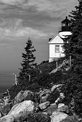 Bass Harbor Light Over Rocky Cliffs in Acadia Park -BW